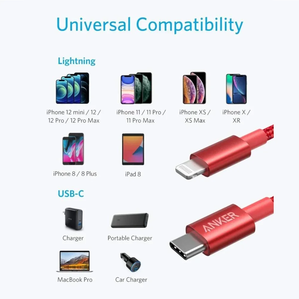 Anker 331 USB-C to Lightning Nylon Cable 6ft (Red), MFi Certified, Fast / NIB